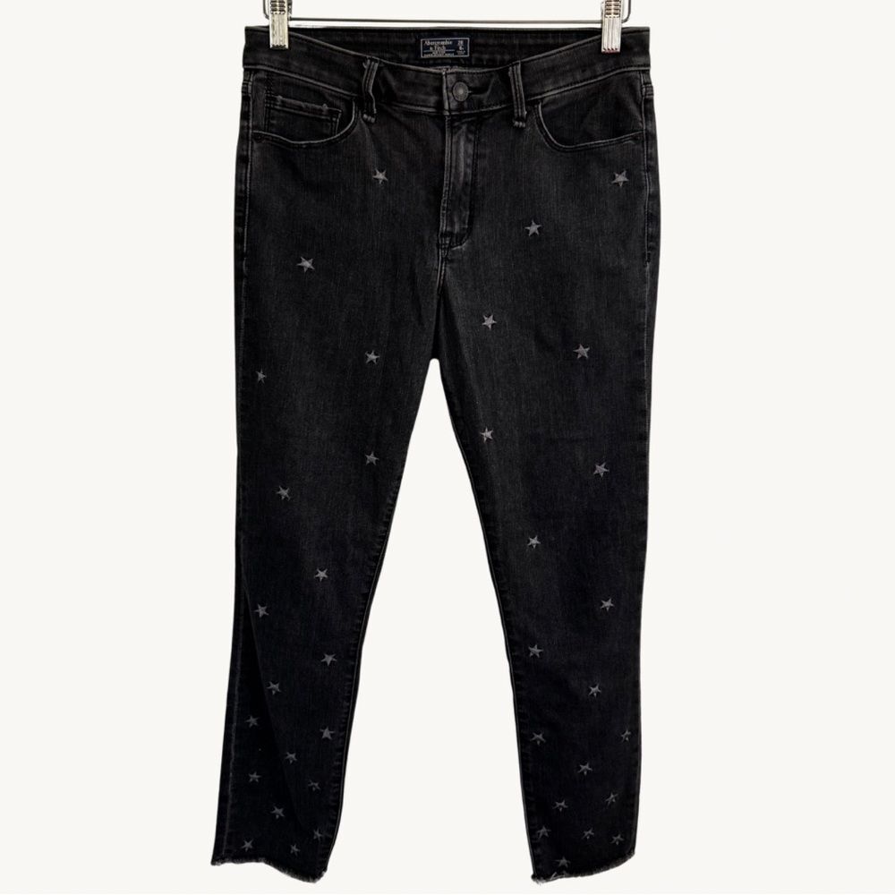 Abercrombie & Fitch Black Mid Rise Black Skinny Jeans with Star Print Size 28 6